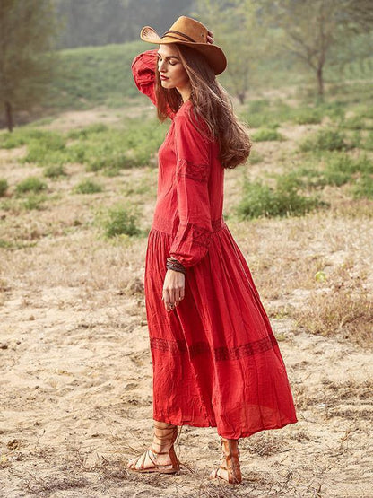 Bohemia Inwrought Long Sleeve V Neck Beach Long Dress