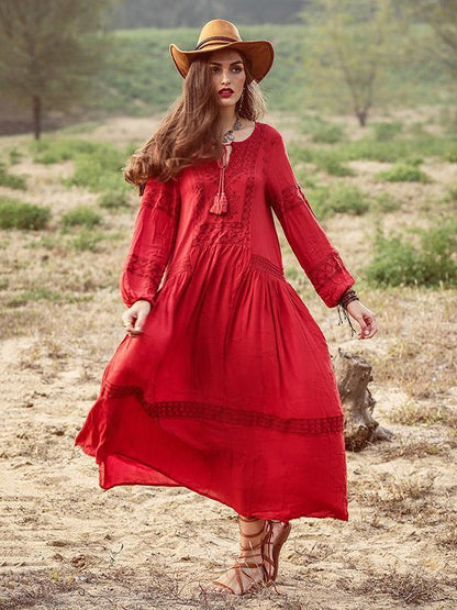 Bohemia Inwrought Long Sleeve V Neck Beach Long Dress