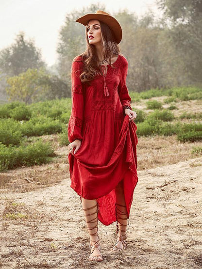 Bohemia Inwrought Long Sleeve V Neck Beach Long Dress