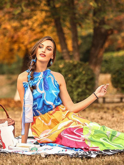 Floral-Print Straps Cross Neck Sleeveless Beach Maxi Dress