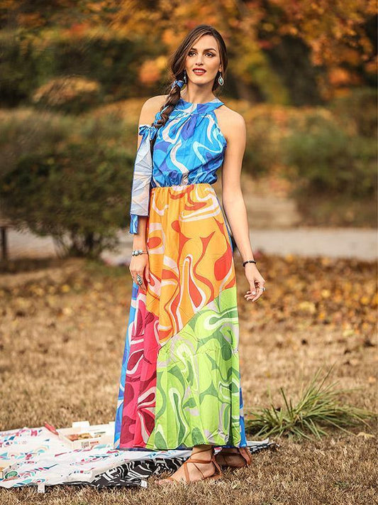 Floral-Print Straps Cross Neck Sleeveless Beach Maxi Dress