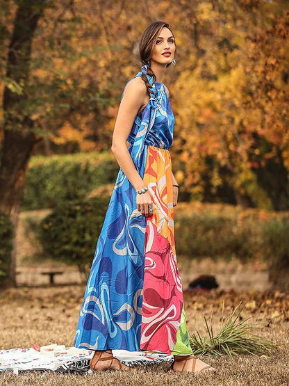 Floral-Print Straps Cross Neck Sleeveless Beach Maxi Dress
