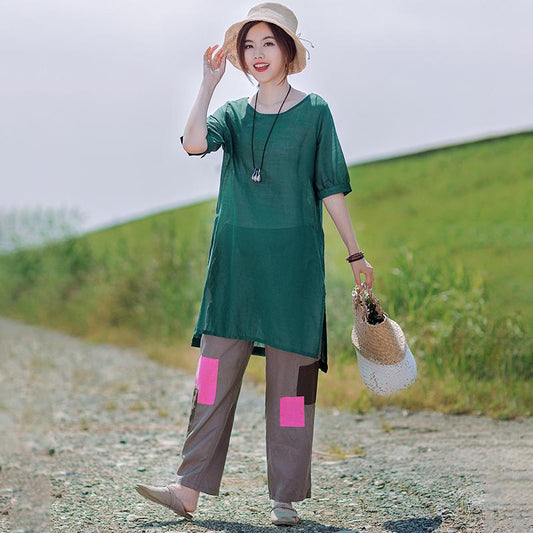 Gauzy Pure Color Split Elegant Long T-Shirt