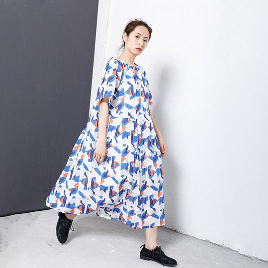 Geometric Print Adjustable Collar Midi Dress