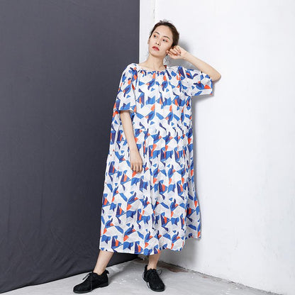 Geometric Print Adjustable Collar Midi Dress