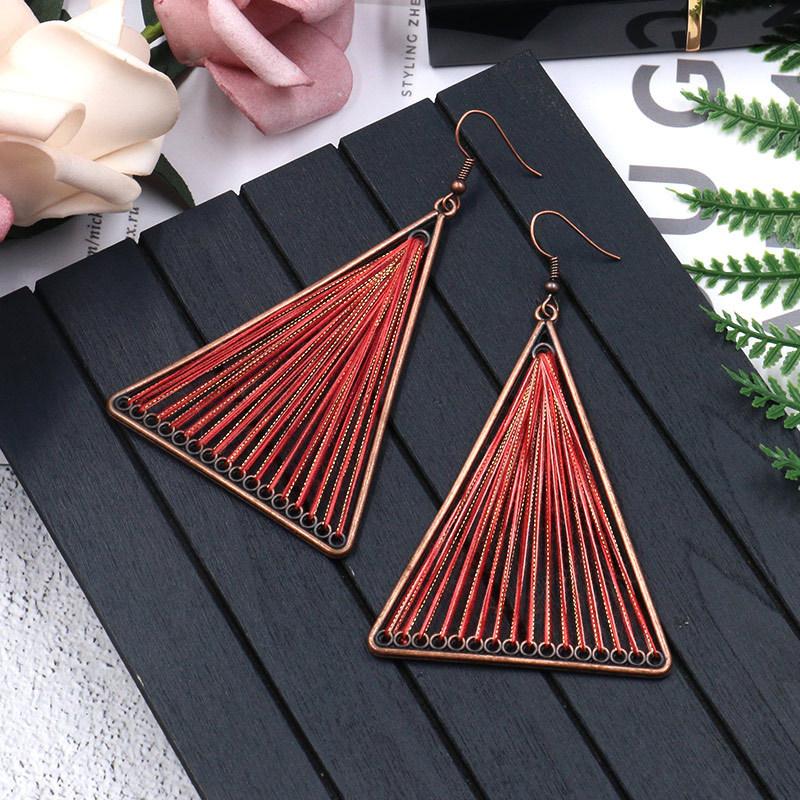 Geometric Triangle Gold Thread Tassel Earrings
