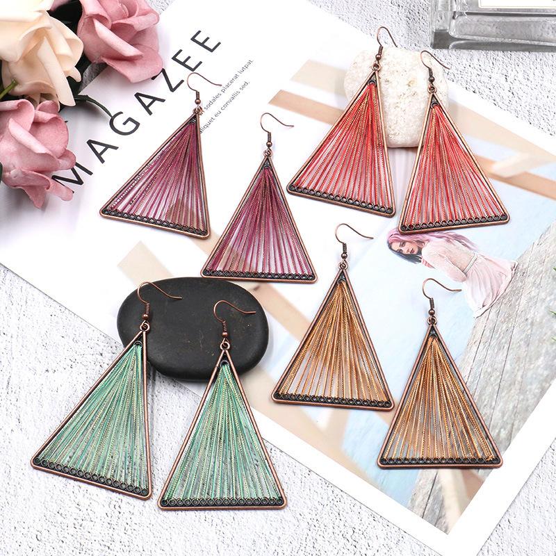Geometric Triangle Gold Thread Tassel Earrings