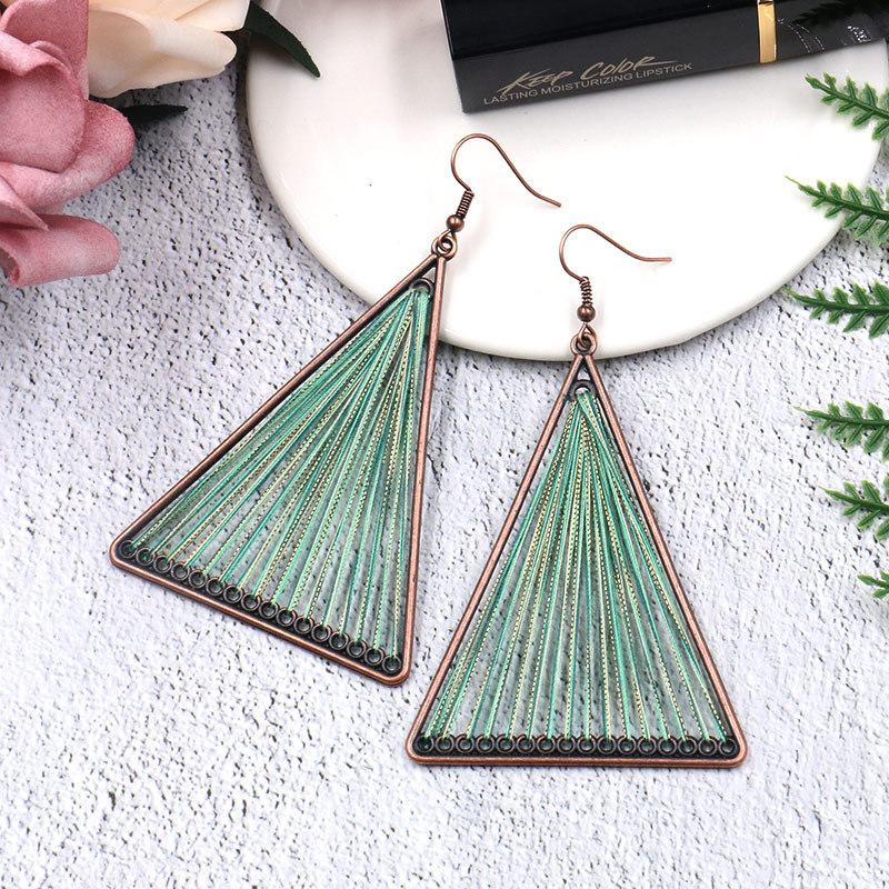 Geometric Triangle Gold Thread Tassel Earrings