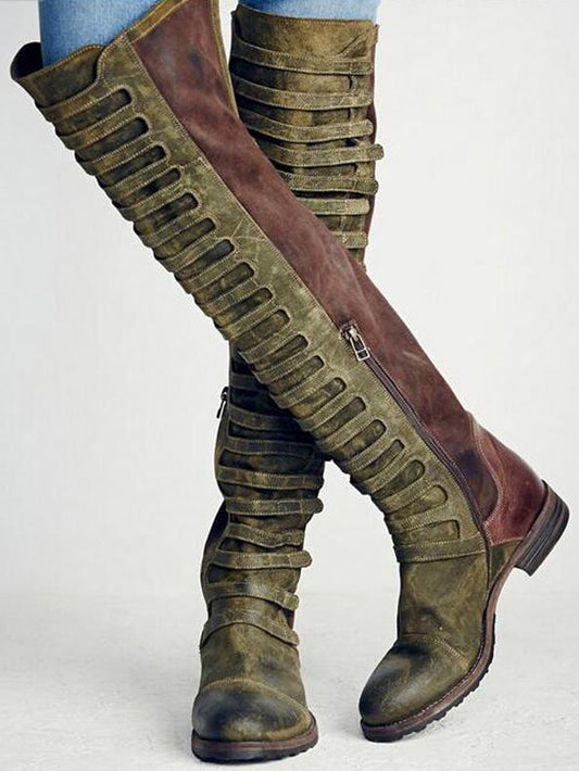 Punk Style Bandage High Boots Shoes in Army Green Color