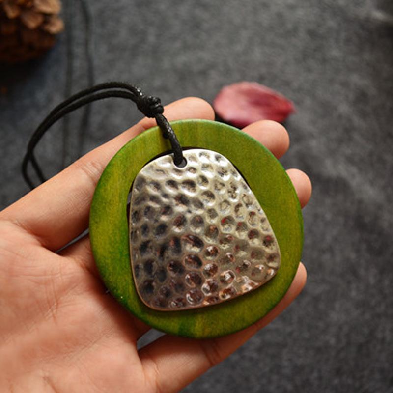 Green Wood Ring Alloy Pendant Necklace