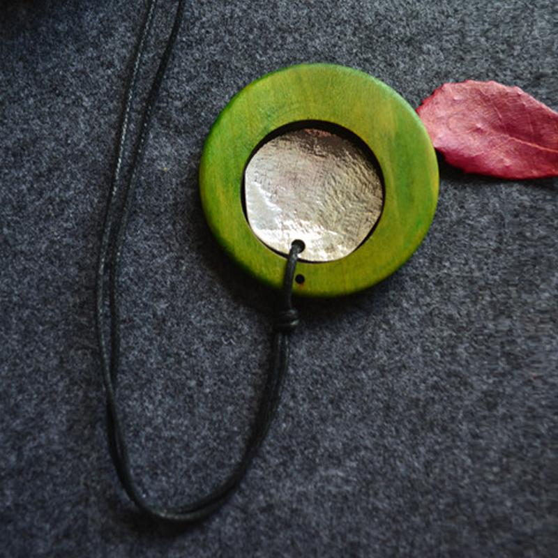 Green Wood Ring Alloy Pendant Necklace