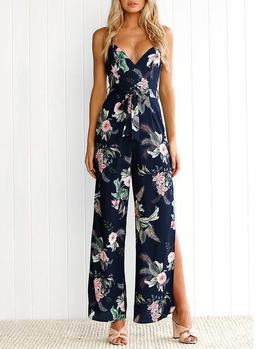 Floral Backless Split-side Wide Leg Jumpsuits Bottoms