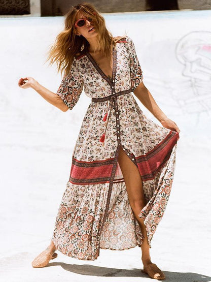 Printed Split-front Bohemia Maxi Dresses