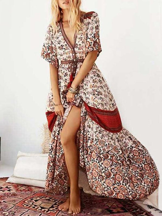 Printed Split-front Bohemia Maxi Dresses