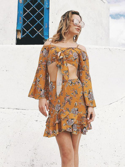 Floral Off Shoulder Flared Sleeves Tops And Skirt Bottoms
