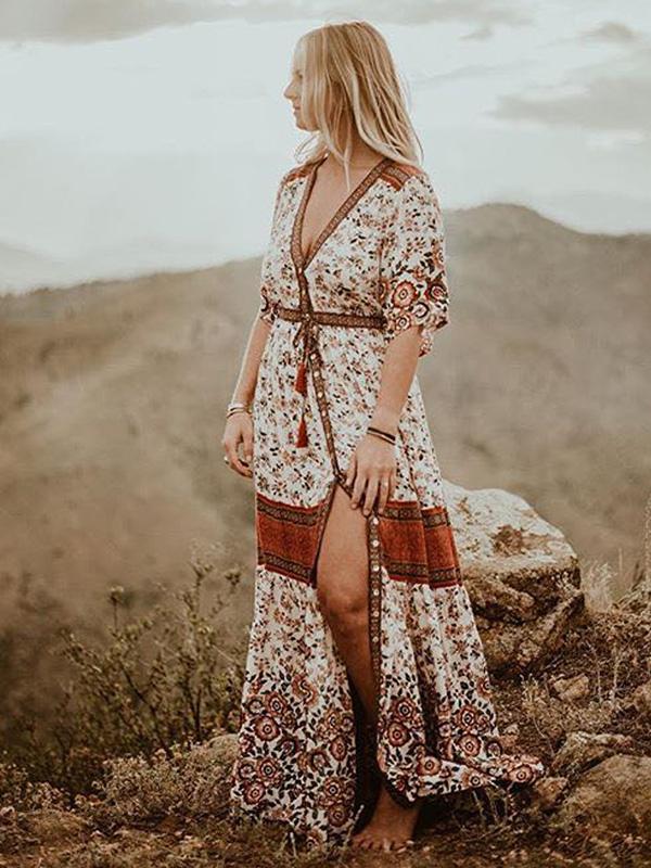 Printed Split-front Bohemia Maxi Dresses