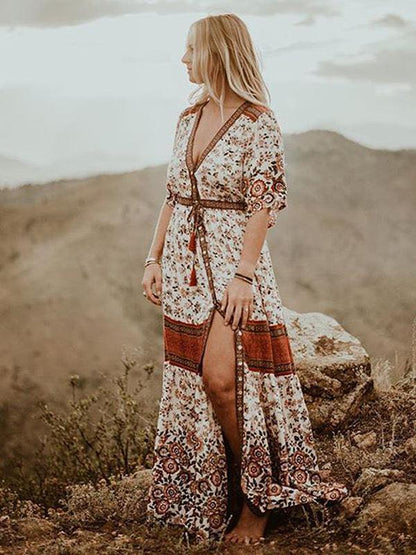 Printed Split-front Bohemia Maxi Dresses