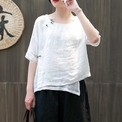 Handmade Buttonhole Loop Solid Color T-Shirt