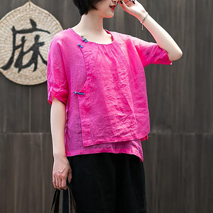 Handmade Buttonhole Loop Solid Color T-Shirt