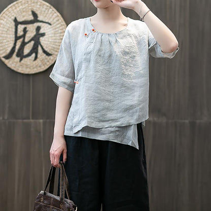 Handmade Buttonhole Loop Solid Color T-Shirt