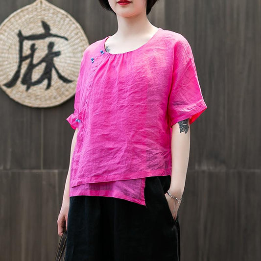 Handmade Buttonhole Loop Solid Color T-Shirt
