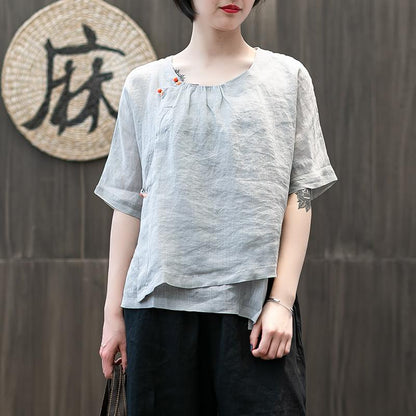 Handmade Buttonhole Loop Solid Color T-Shirt