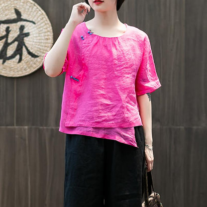Handmade Buttonhole Loop Solid Color T-Shirt