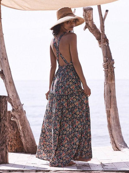 Printed Backless Halterneck Maxi Dress