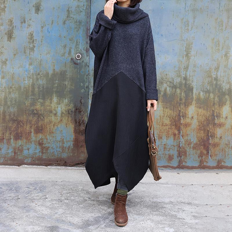 High Collar Spliced Winter Sweater Dress