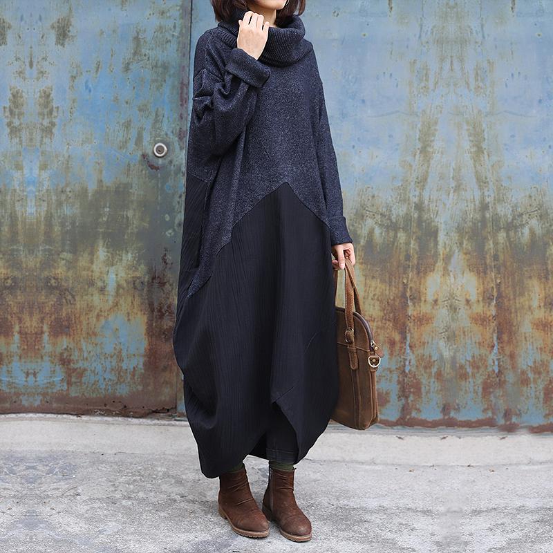High Collar Spliced Winter Sweater Dress