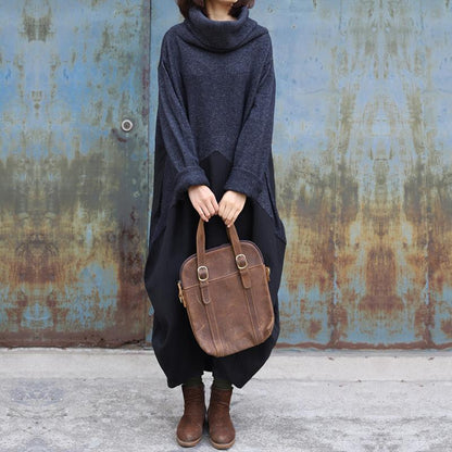 High Collar Spliced Winter Sweater Dress