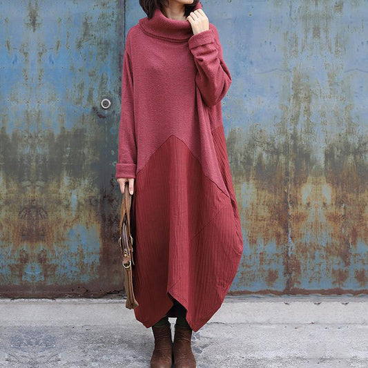 High Collar Spliced Winter Sweater Dress