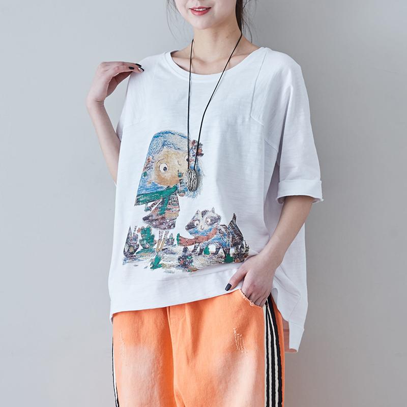 High Low Hem Cartoon Printed Casual T-Shirt
