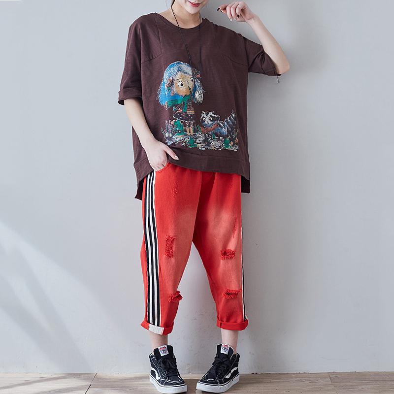 High Low Hem Cartoon Printed Casual T-Shirt