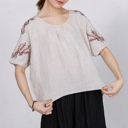 High Low Hem Embroidered Plants Loose T-Shirt