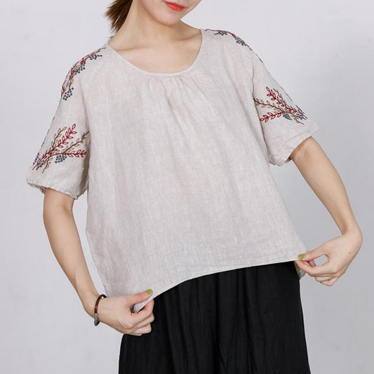 High Low Hem Embroidered Plants Loose T-Shirt