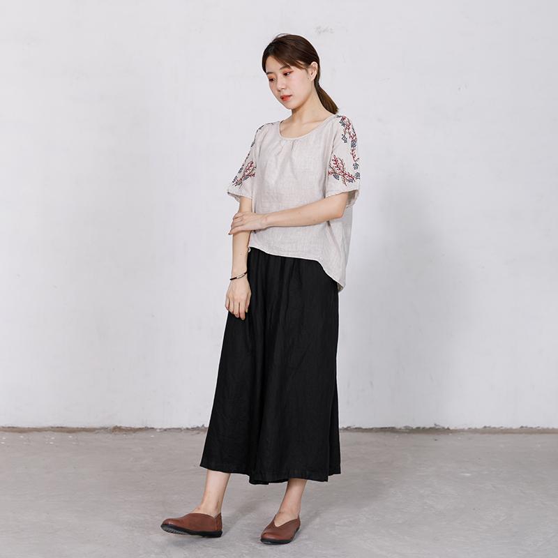 High Low Hem Embroidered Plants Loose T-Shirt