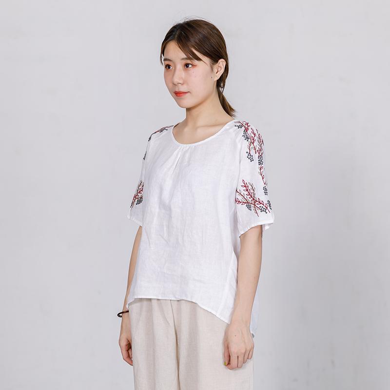 High Low Hem Embroidered Plants Loose T-Shirt