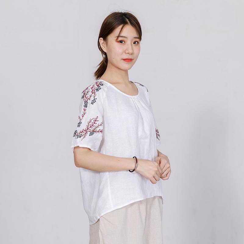 High Low Hem Embroidered Plants Loose T-Shirt