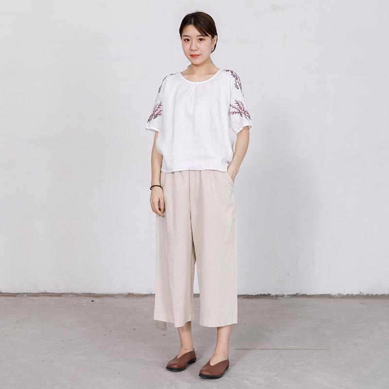 High Low Hem Embroidered Plants Loose T-Shirt