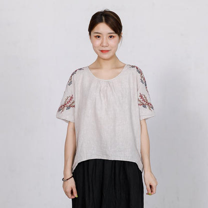High Low Hem Embroidered Plants Loose T-Shirt