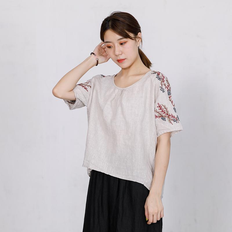 High Low Hem Embroidered Plants Loose T-Shirt