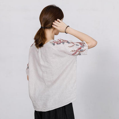 High Low Hem Embroidered Plants Loose T-Shirt