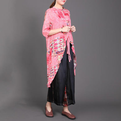 High Low Hem Lacing Printed Pink Shirt