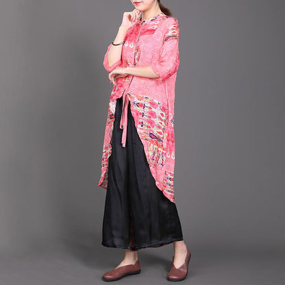 High Low Hem Lacing Printed Pink Shirt