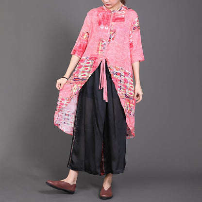 High Low Hem Lacing Printed Pink Shirt