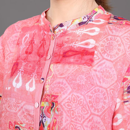 High Low Hem Lacing Printed Pink Shirt