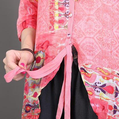 High Low Hem Lacing Printed Pink Shirt