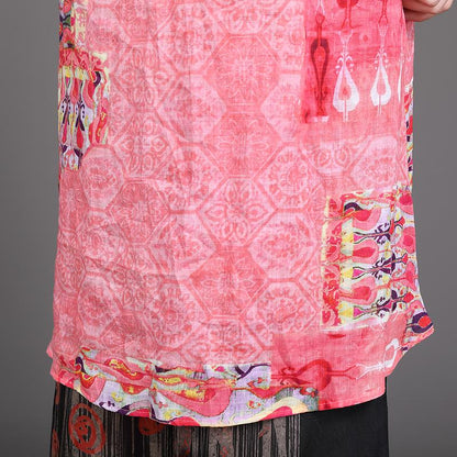 High Low Hem Lacing Printed Pink Shirt
