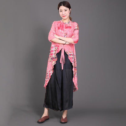 High Low Hem Lacing Printed Pink Shirt